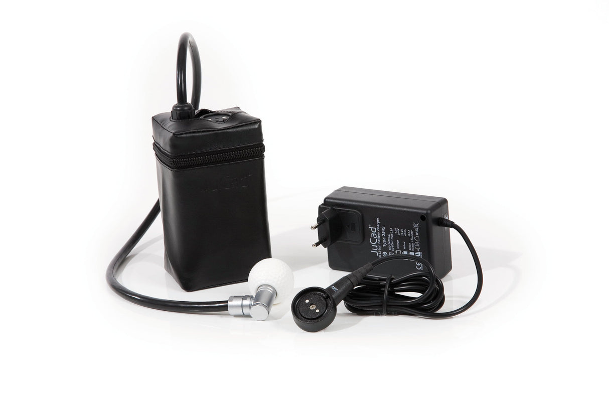 Schwarzes, kompaktes Ladegerät mit Kabel und separater schwarzer Tasche aus robustem Material.