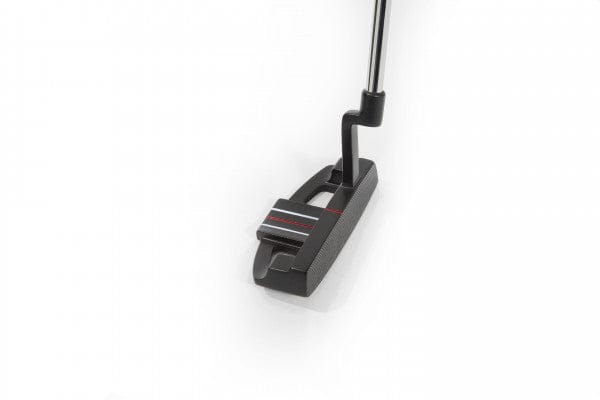 Schwarzer Jucad Putter Half-Mallet X200 mit geradem Schaft und rotem, weißem Linien-Design am Kopf.