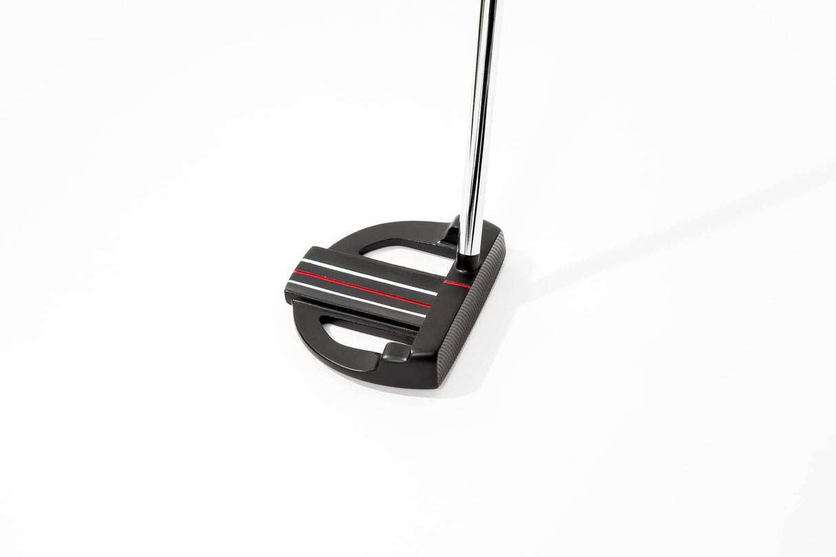 Schwarzer Jucad Putter Mallet X300 mit rotem und grauem Linien-Design und schlankem Schaft.