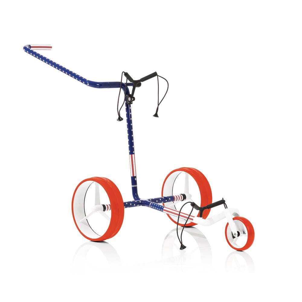 Blauer Jucad Carbon USA Drei-Rad Golf Trolley mit orangen Reifen und verstellbarem Griff.