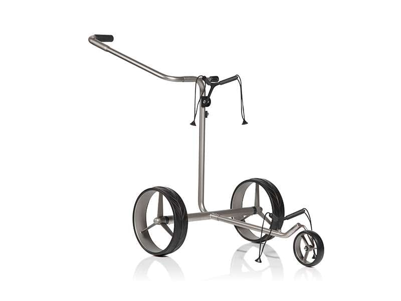 Elektro-Golftrolley Jucad Drive SL Master Titan Set 1.0 in Titan-Silber mit drei Rädern.