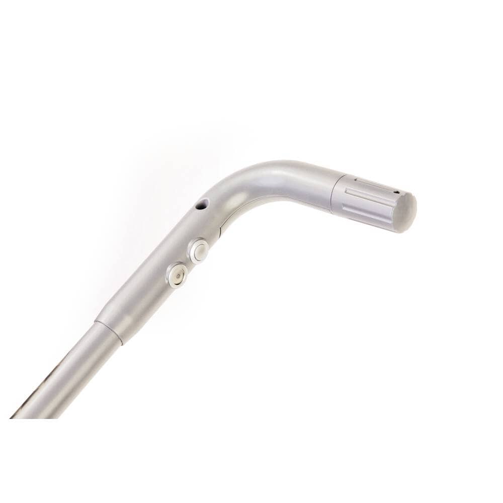 Silberner gebogener Griff mit zwei weißen Tasten und geriffeltem Ende.