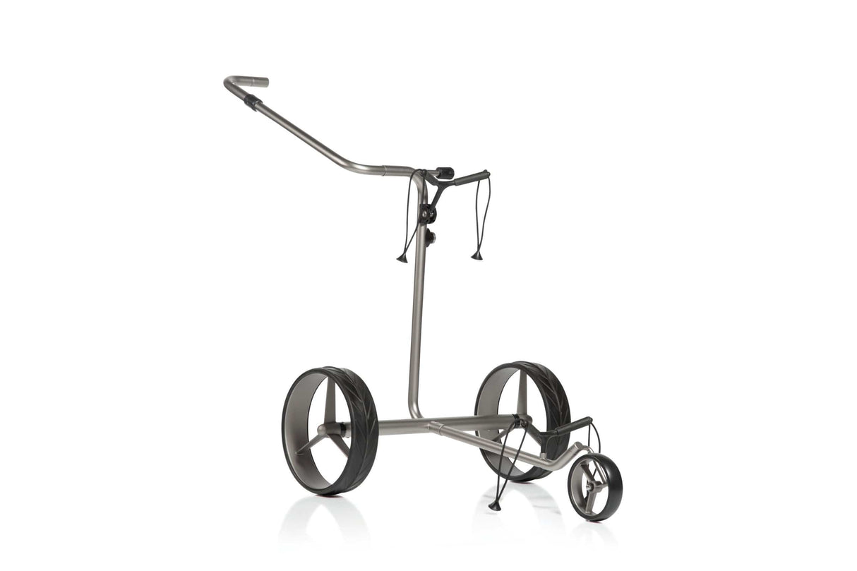 Silberner Elektro-Golftrolley Jucad Drive Edelstahl 2.0 mit drei Rädern und verstellbarem Griff.