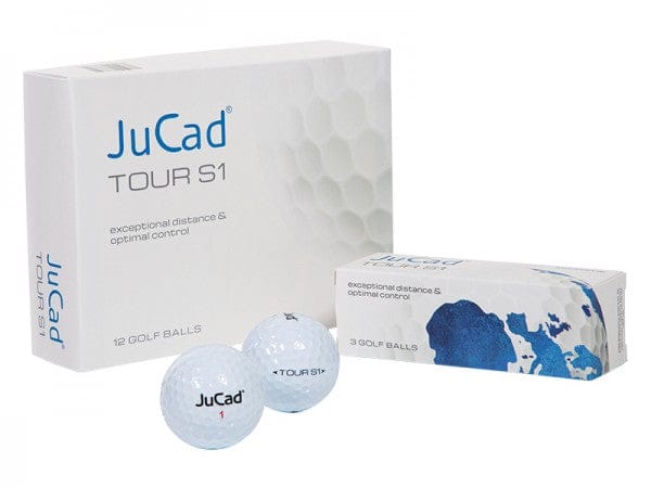 Weiße JuCad Golfball Tour S1 mit blauer Schrift, verpackt in weißer Box mit blassem Golfballmuster und Marke JuCad.