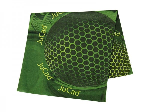 Dunkelgrünes Multifunktionstuch mit bienenwabenartigem Muster und gelbem JuCad Schriftzug.