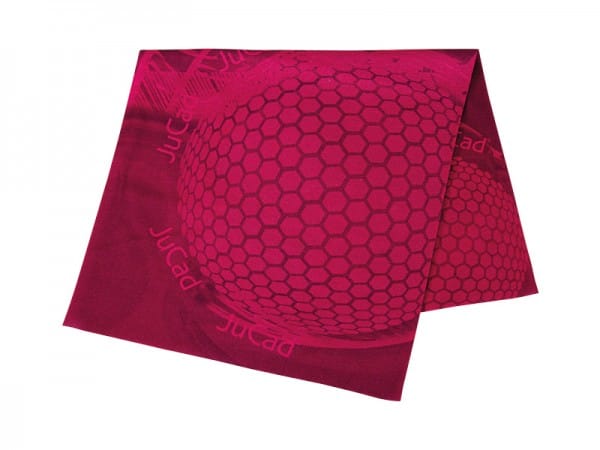 Pinkfarbenes multifunktionales Halstuch mit Wabenmuster und Jucad-Logo, leicht transparent.