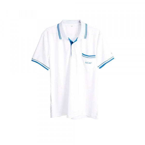 Weißes Herren-Poloshirt mit blauem Streifen an Kragen und Ärmeln, Brusttasche mit Logo.