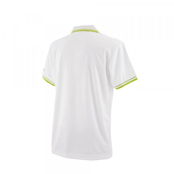 Weißes Herren-Poloshirt mit kurzen Ärmeln und neongelben Akzenten am Kragen und Ärmelabschluss.