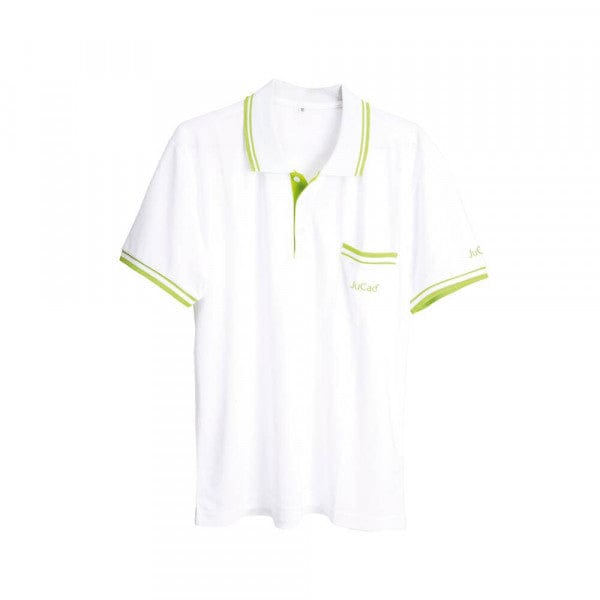 Weißes Herren-Poloshirt mit grünem Kragen- und Ärmelstreifen, Brusttasche und Knopfleiste.