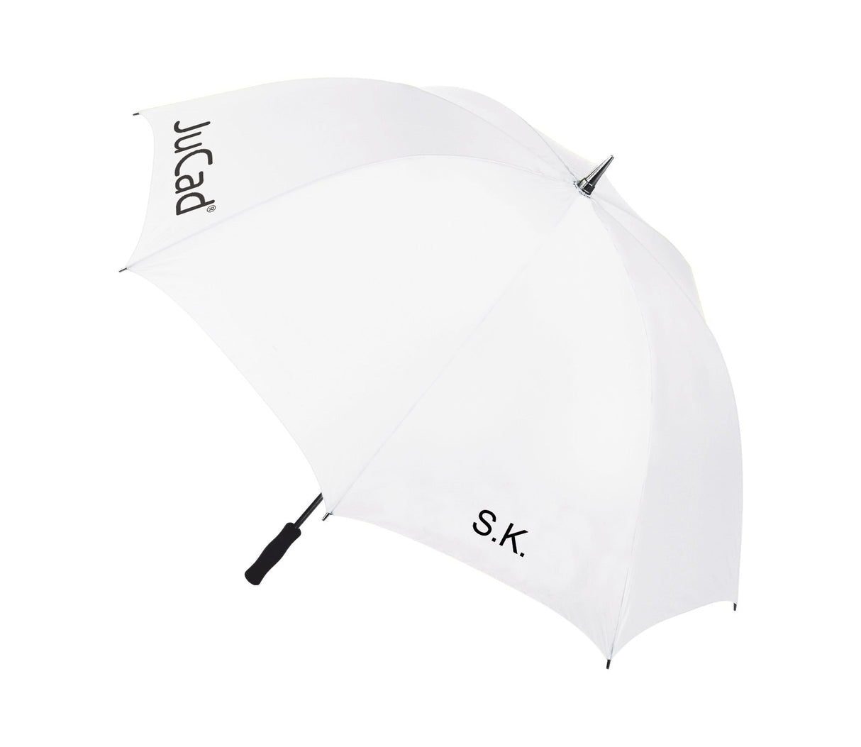 Weißer Teleskop-Golfschirm mit schwarzem Griff und Jucad-Logo am Rand.