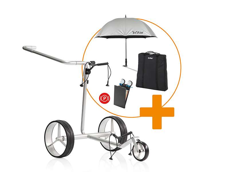 Elektrotrolley Justar Carbon Light 1.0 in Silber mit großem Umbrella, Tasche und Ladestation.