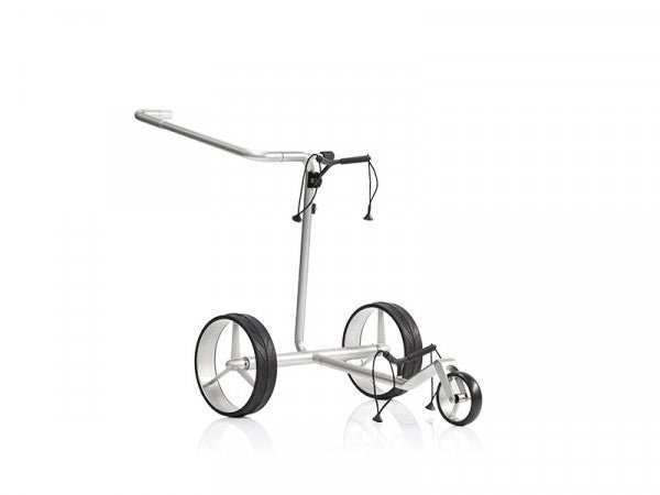 Silberner Justar Carbon Light 1.0 Elektrotrolley mit drei Rädern und verstellbarem Griff.