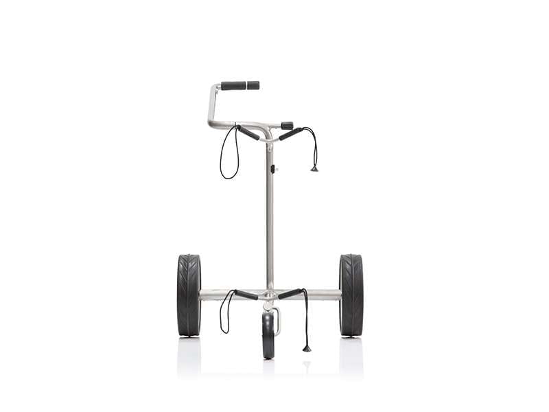 Elektrischer JuStar Silver 1.0 Golftrolley in Silber mit drei Rädern und verstellbarem Griff.