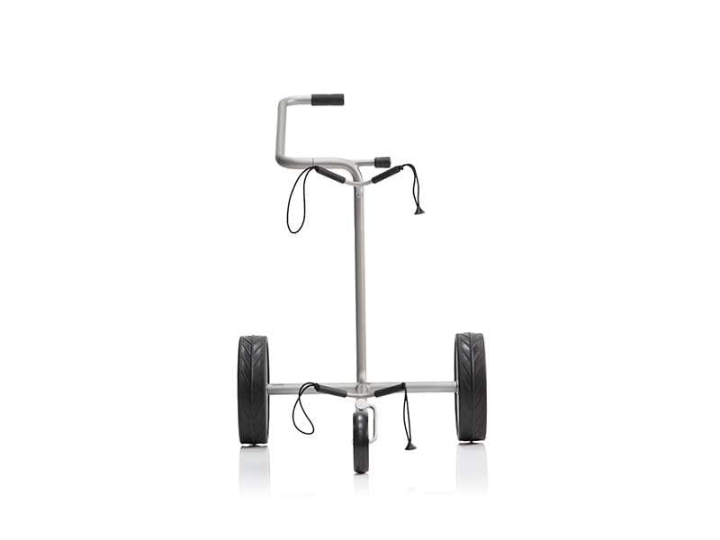 Elektrischer JuStar Silver 1.0 Golftrolley mit silbernem Rahmen und zwei großen Rädern.