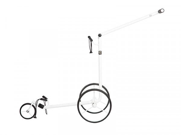 Weißer JuStar 1.0 Elektrotrolley mit zwei großen Rädern und klappbarem Rahmen.