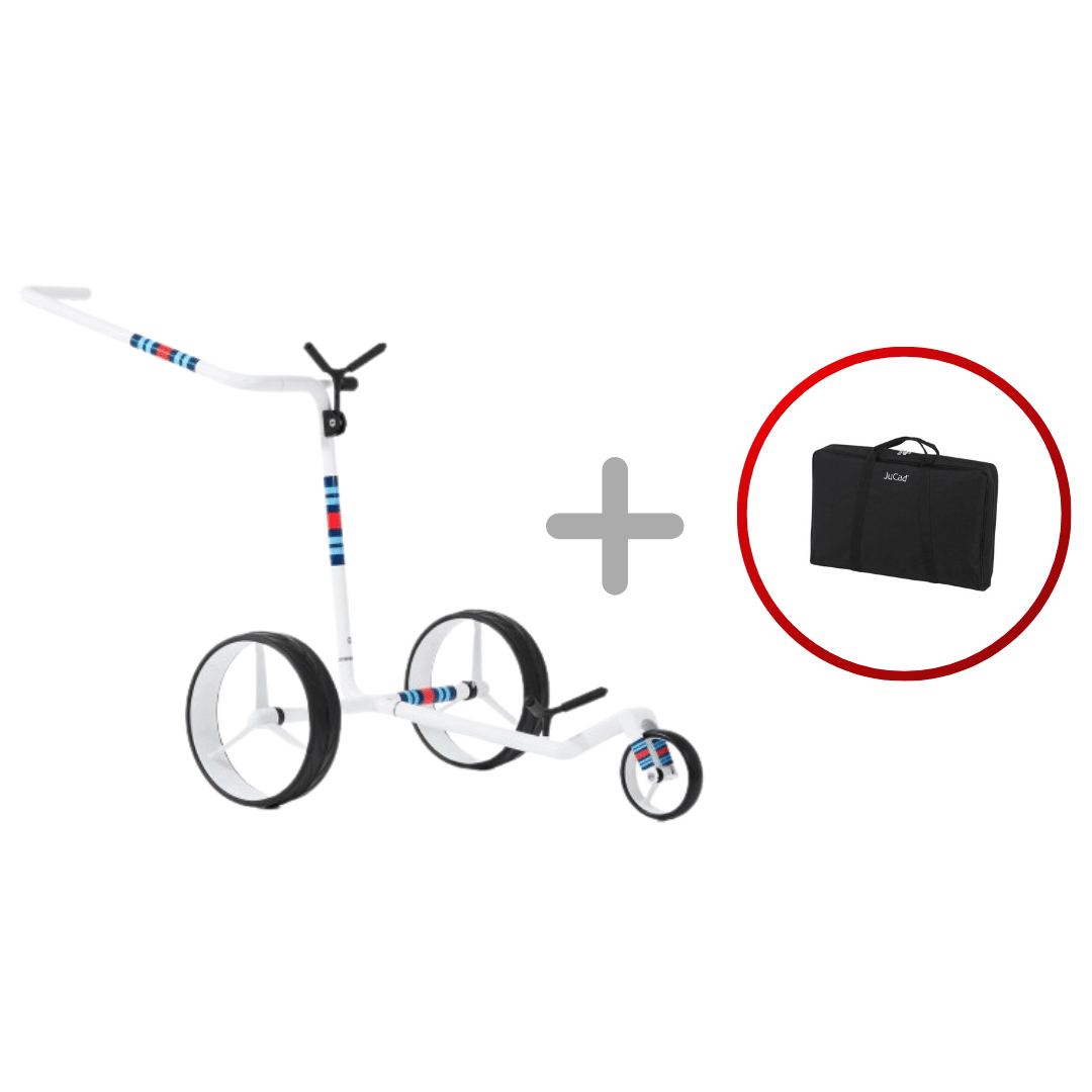 Dreirad-Golftrolley Jucad Carbon Racing in Weiß mit blauen und roten Akzenten, inklusive schwarzer Transporttasche.