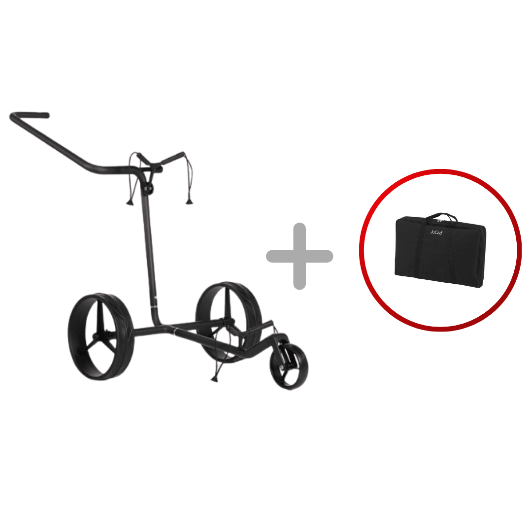 Schwarz-matter Jucad Carbon Shadow Golftrolley mit drei großen Rädern und Tragegriff, inklusive schwarzer Tragetasche.
