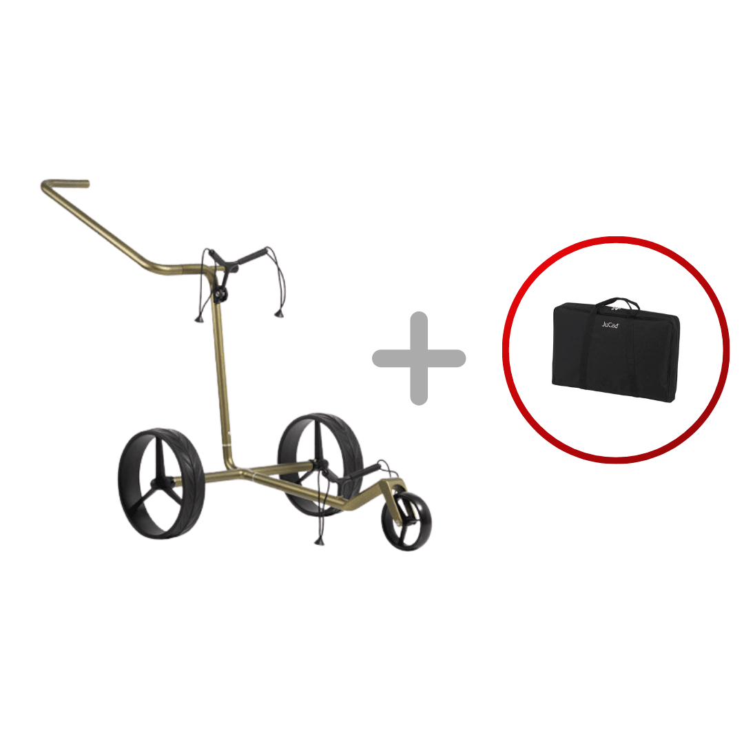 Schwarzer JuCad Carbon Verde 3-Rad-Golftrolley mit goldfarbenem Rahmen und passender schwarzer Tragetasche.