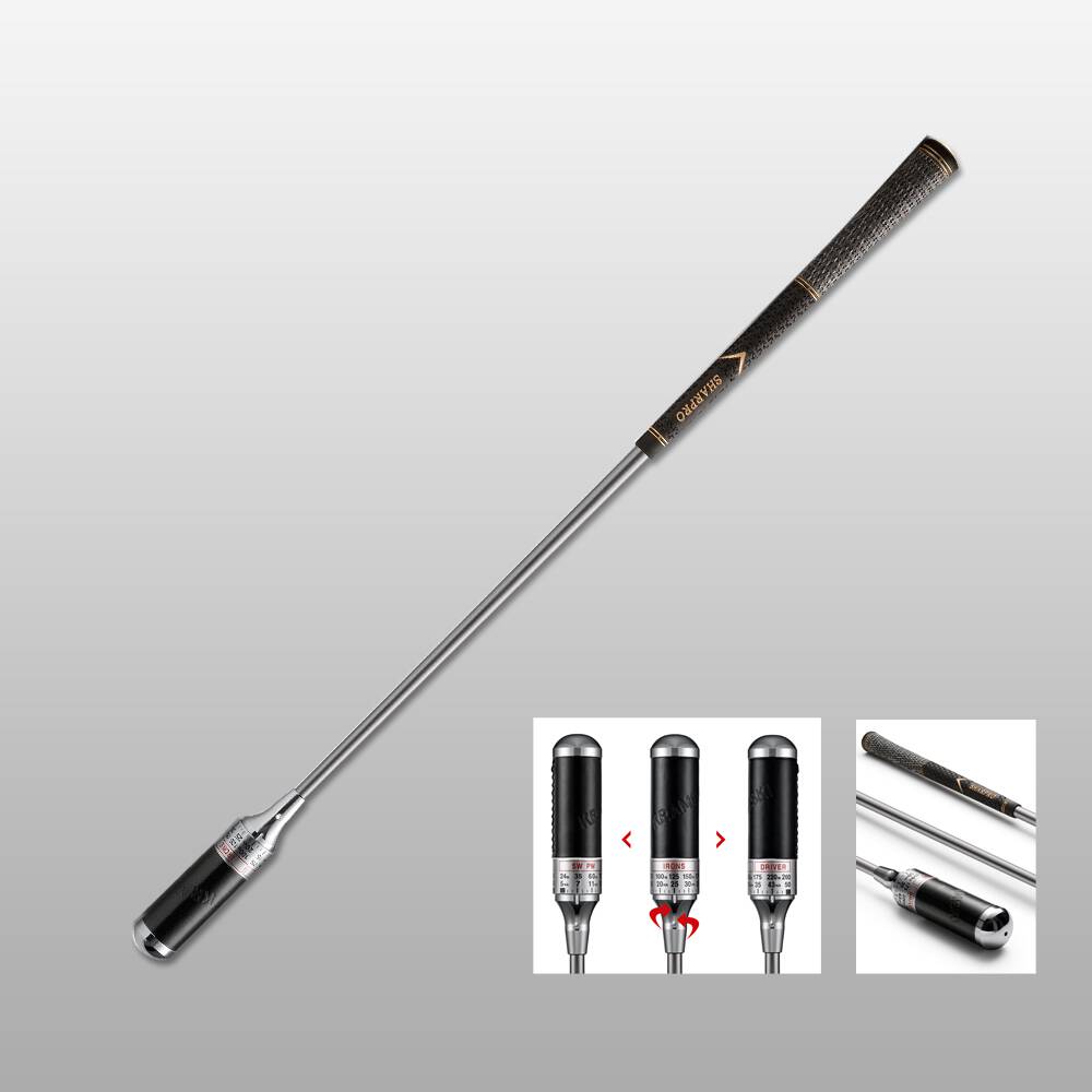 Kramski Putter Schwungtrainer mit schwarzem Griff und silbernem Schaft, Nahaufnahmen von Griffdetails und Schlagkopf.