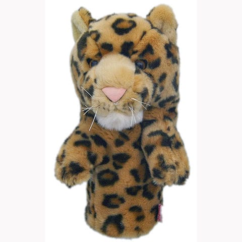 Plüsch Schlägerhaube in Leopardenmuster mit Katzenkopf und Pfoten in Braun und Schwarz.