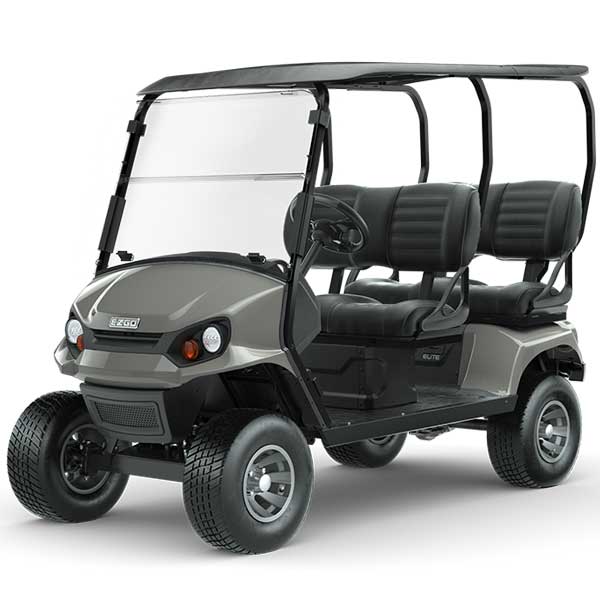 Grauer E-Z-Go Liberty ELiTE Golfwagen mit schwarzem Dach und zwei Sitzreihen, moderne Scheinwerfer.