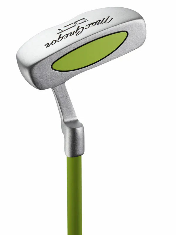 Kindergolf-Putter mit silbernem Kopf und limettengrünem Schaft, für Rechtsgolfer.