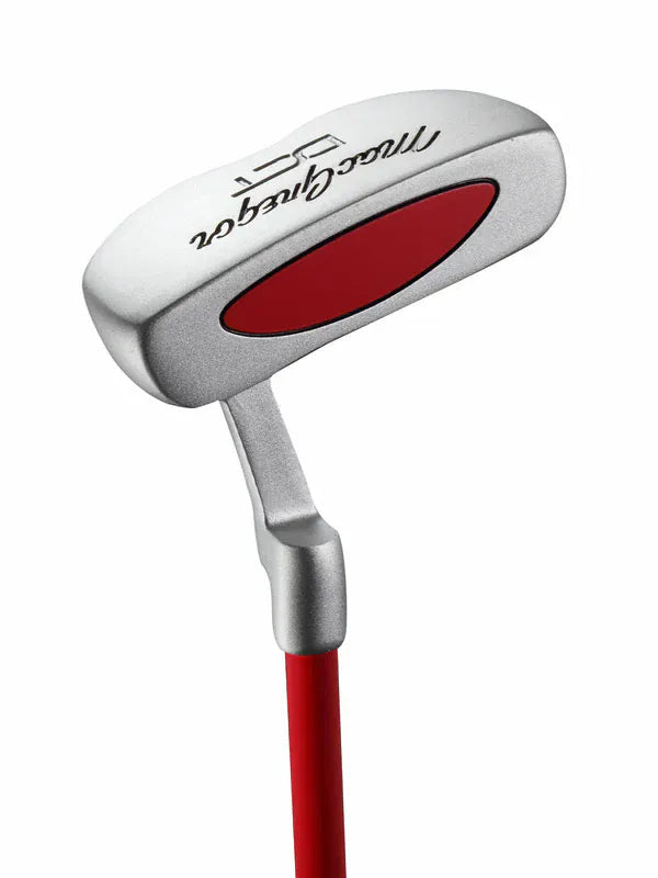 Kindergolf-Putter mit silbernem Kopf und rotem Schaft, rechte Handgriff.