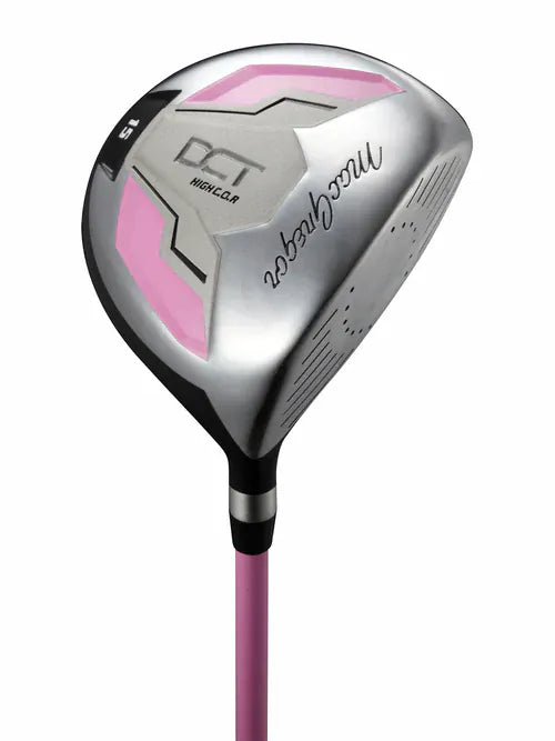 DCT Golfschläger Junior Driver in Pink und Silber mit schwarzem Schaftende, rechtshändig.