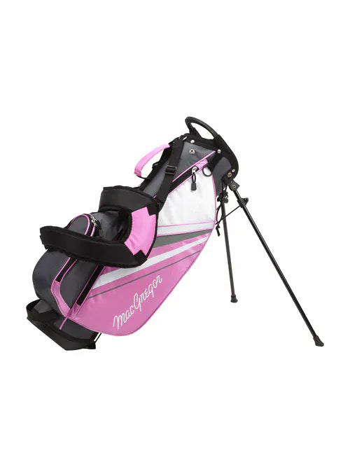 Pinkfarbenes Junior-Golfset mit verstellbarem Tragegurt und integriertem Standfuß, für Mädchen 6-8 Jahre.