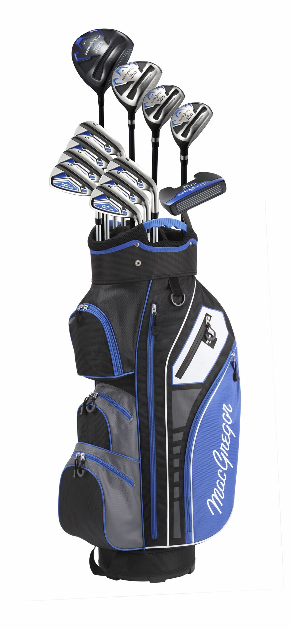 MacGregor DCT3000 Herren Golf Komplettset mit schwarz-blauem Golfbag und verschiedenen Schlägern.