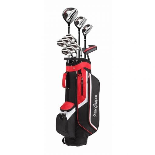 Schwarzes und rotes MacGregor Golf-Set mit mehreren Schlägern im Standbag, Herrenmodell.