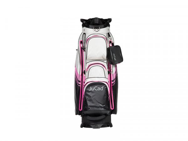 Weiß-graues JuCad Aquastop Plus Facelift Cartbag mit pinken Akzenten und mehreren Taschen.