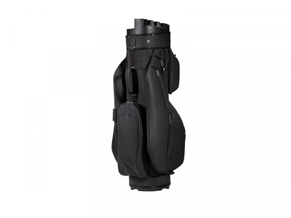 Schwarzes JuCad First Class Revolution Cartbag Golfbag mit mehreren Reißverschlusstaschen und robustem Material.