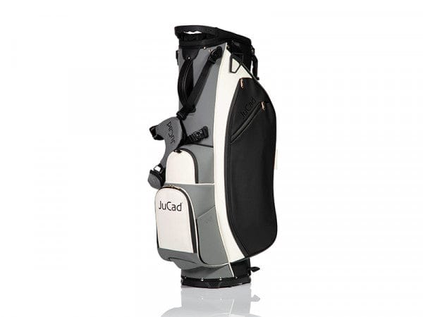Schwarzes und weißes JuCad 2 in 1 First Class Hybrid Golfbag mit mehreren Taschen und Tragegriff.