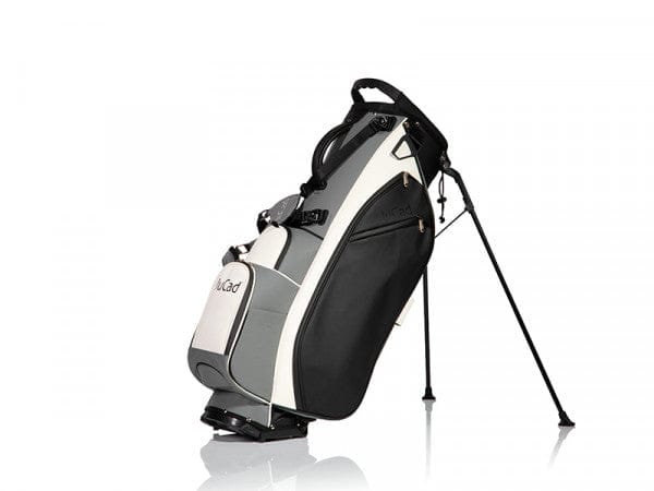 Schwarzes JuCad 2-in-1 First Class Hybrid Golfbag mit grauen und weißen Details und Standfunktion.