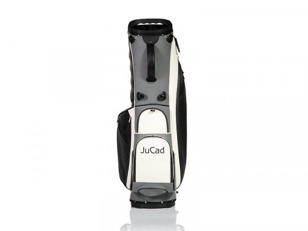 Schwarzes JuCad 2 in 1 First Class Hybrid Golfbag mit weißem Frontfach und grauen Akzenten.