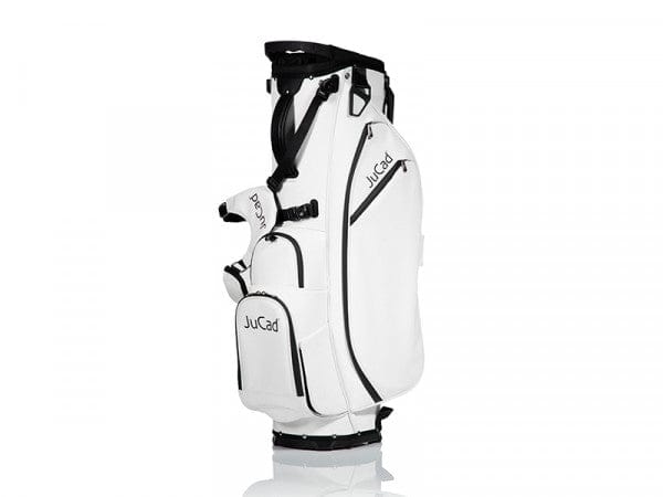 Weißes JuCad 2 in 1 First Class Hybrid Golfbag mit schwarzen Details und mehreren Außentaschen.