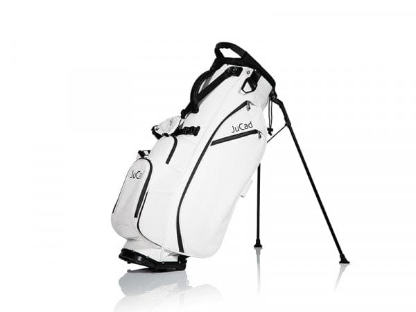 Weißes JuCad 2-in-1 First Class Hybrid Golfbag mit schwarzen Akzenten und Ständerbeinen.