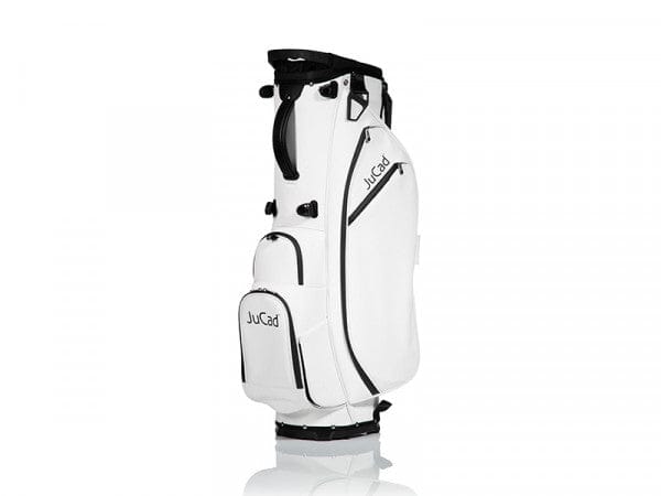 Weißes JuCad 2 in 1 First Class Hybrid Golfbag mit mehreren Taschen und schwarzem Logo auf der Seite.