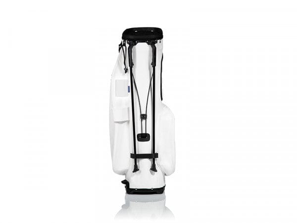 Weißes JuCad 2 in 1 First Class Hybrid Golfbag mit schwarzem Griff und schwarzem Tragegestell.