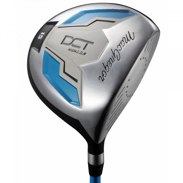 Silberner Golf-Driver mit blauen Akzenten und MacGregor-Logo, Junior-Modell für Rechtsstarter.