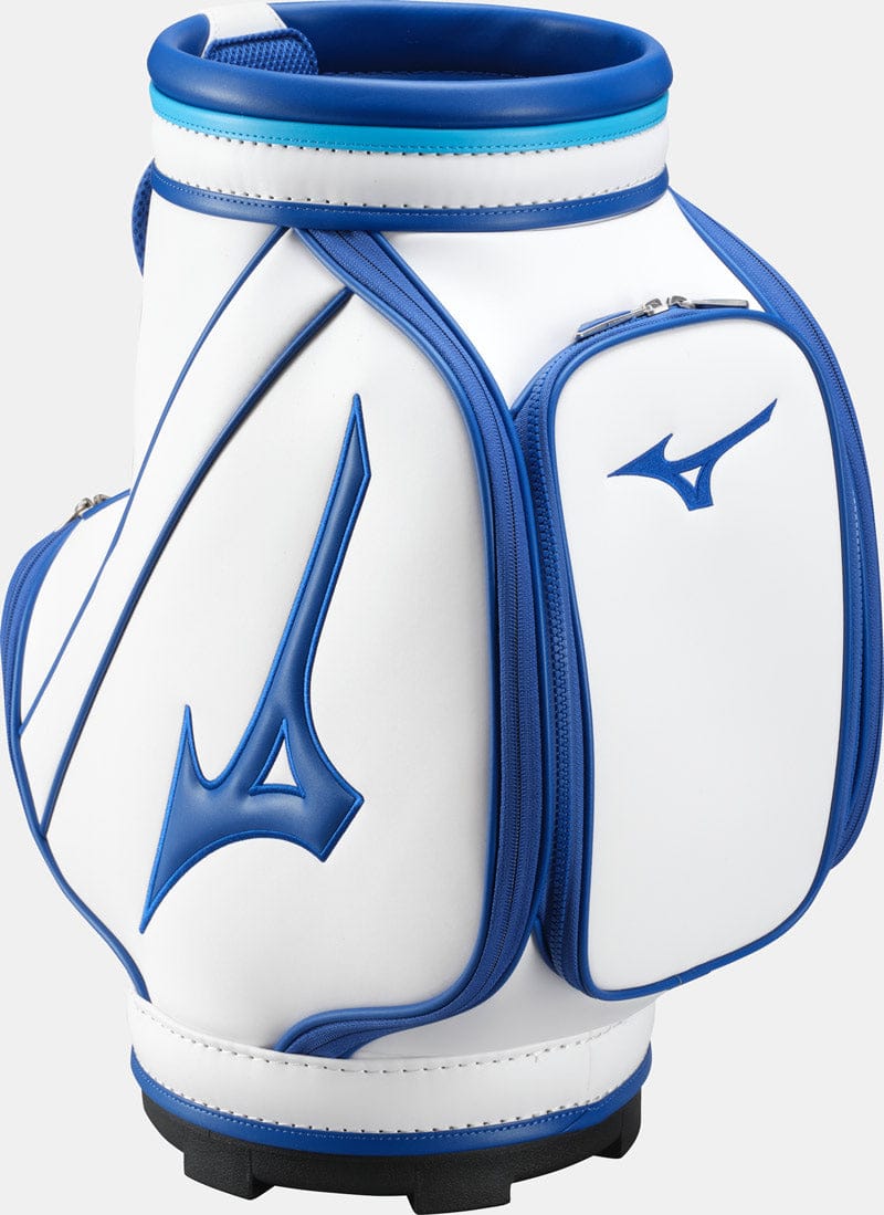 Weiß-blaues Mizuno Tour Den Golfbag mit großem Seitenfach und Logo, robustes Design.