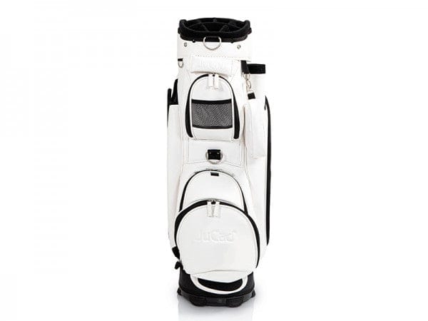 Weißes Jucad Cartbag mit mehreren Fächern und schwarzem Reißverschluss auf weißem Hintergrund.