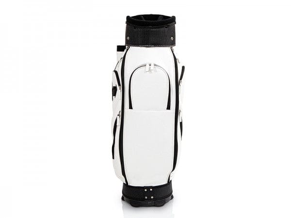 Weißer Jucad Golf Cartbag mit mehreren Taschen und schwarzen Ziernähten.