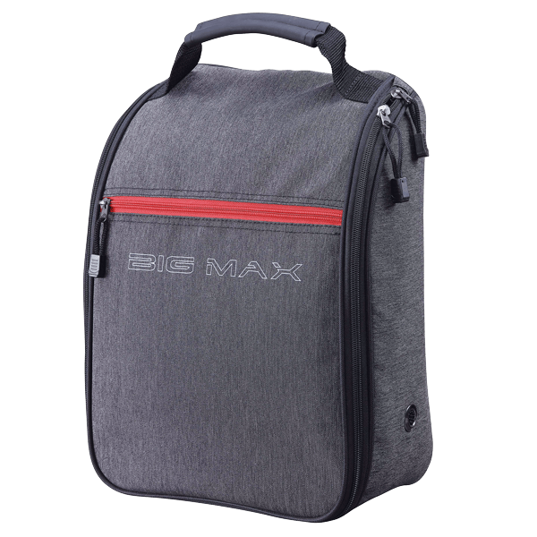 Graue Schuh-Tasche mit rotem Reißverschluss und aufgesticktem "BIG MAX" Logo, Tragegriff oben.