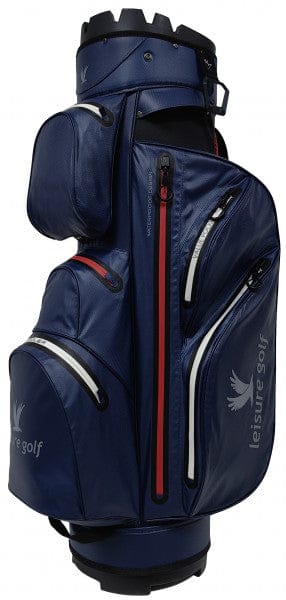 Navyblaues Leisure Golf Watersafe Organizer Cartbag mit mehreren Reißverschlusstaschen und grauen Details.