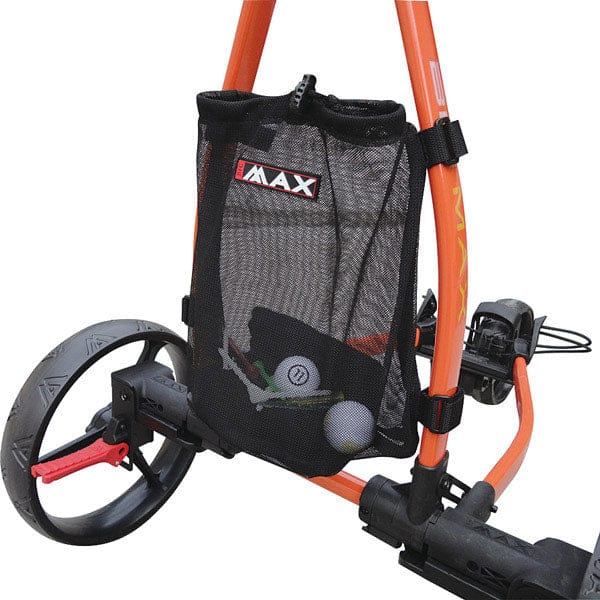 Schwarze Mesh-Tasche mit Big Max Logo am orangefarbenen Trolley-Rahmen befestigt.