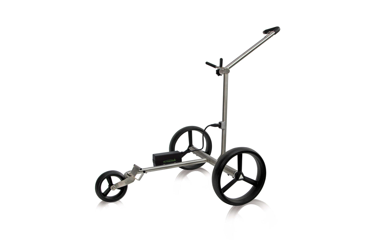 PG-Powergolf Nitro Flat Titan Elektrotrolley in Grau mit Aluminiumrahmen und großem Hinterrad.