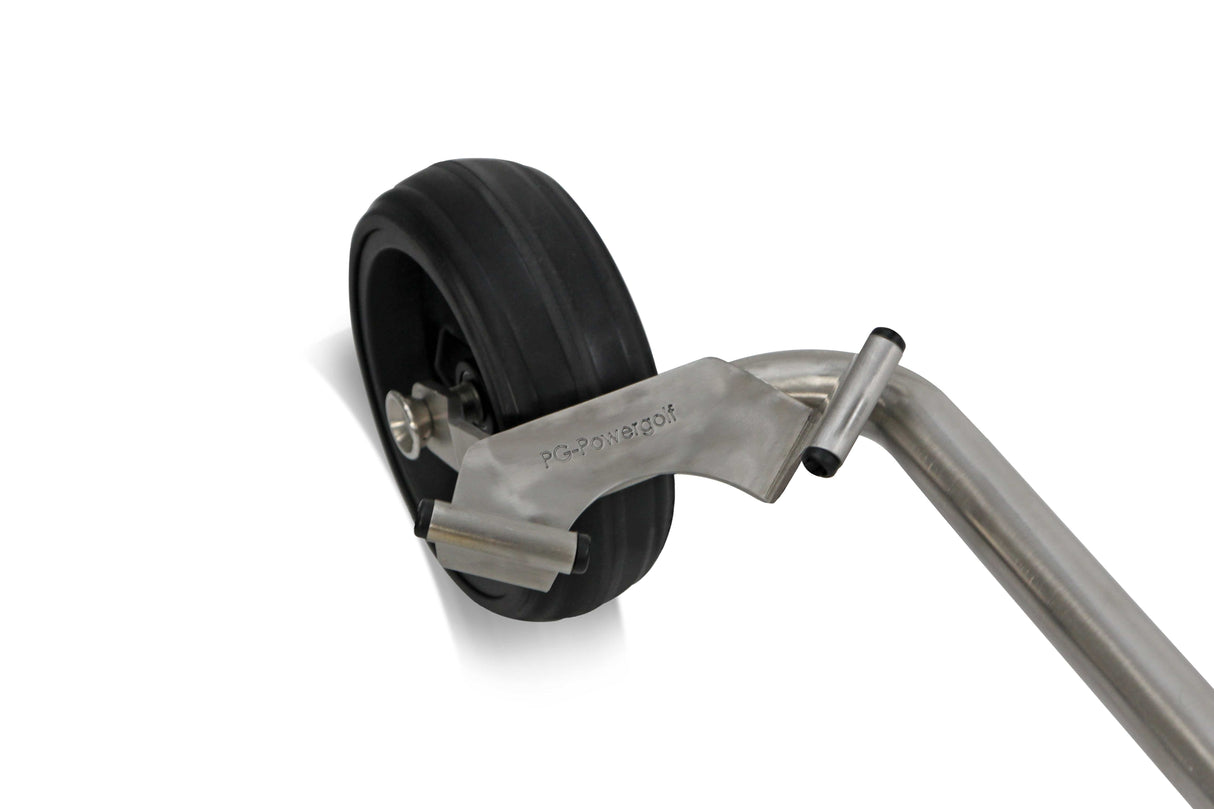 Elektrotrolley Rad mit schwarchem Gummi und silbernem Metallgestänge.