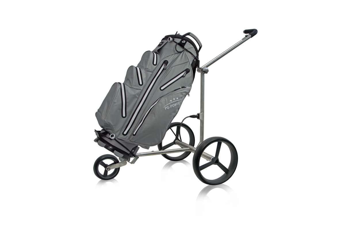 Blauer PG-Powergolf Challenger Steel Golftrolley mit schwarzem Golftrolley-Bag und drei Rädern.